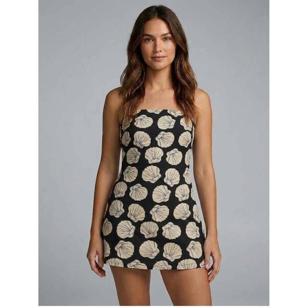 Abercrombie & Fitch Seashell Print Linen Blend Mini Dress Black Cream Size XS